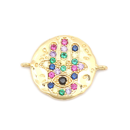 Picture of Zinc Based Alloy Religious Connectors Round Gold Plated Hamsa Symbol Hand Micro Pave Multicolor Rhinestone 21mm x 16mm, 1 Piece