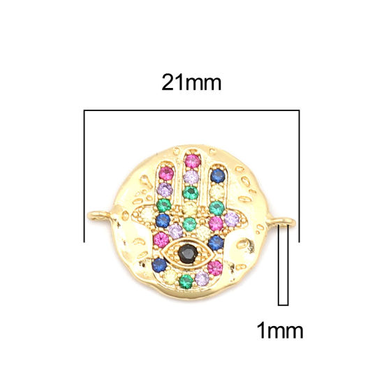 Picture of Zinc Based Alloy Religious Connectors Round Gold Plated Hamsa Symbol Hand Micro Pave Multicolor Rhinestone 21mm x 16mm, 1 Piece