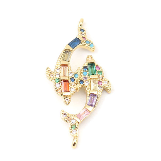 Picture of Zinc Based Alloy Ocean Jewelry Connectors Fish Animal Gold Plated Micro Pave Multicolor Rhinestone 31mm x 15mm, 1 Piece