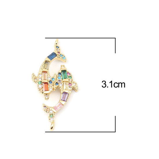 Picture of Zinc Based Alloy Ocean Jewelry Connectors Fish Animal Gold Plated Micro Pave Multicolor Rhinestone 31mm x 15mm, 1 Piece