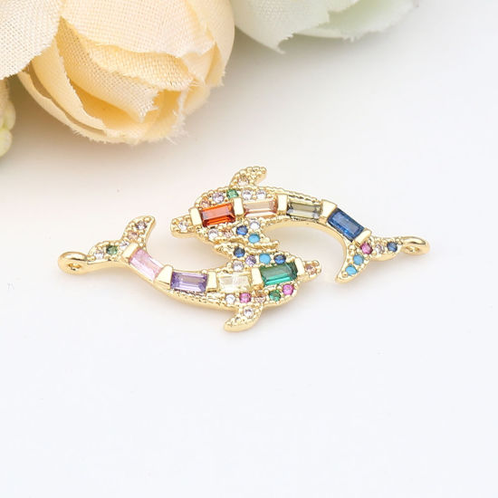Picture of Zinc Based Alloy Ocean Jewelry Connectors Fish Animal Gold Plated Micro Pave Multicolor Rhinestone 31mm x 15mm, 1 Piece