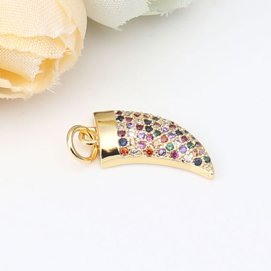 Immagine di Zinc Based Alloy Micro Pave Charms Horn-shaped Gold Plated Multicolor Rhinestone 20mm x 8mm, 1 Piece