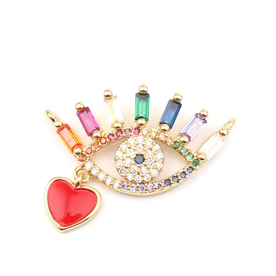 Immagine di Zinc Based Alloy Micro Pave Charms Eye Gold Plated Heart Multicolor Rhinestone 27mm x 19mm, 1 Piece
