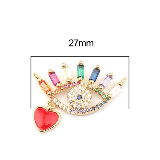 Immagine di Zinc Based Alloy Micro Pave Charms Eye Gold Plated Heart Multicolor Rhinestone 27mm x 19mm, 1 Piece