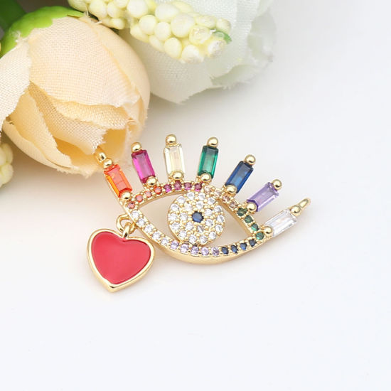 Immagine di Zinc Based Alloy Micro Pave Charms Eye Gold Plated Heart Multicolor Rhinestone 27mm x 19mm, 1 Piece
