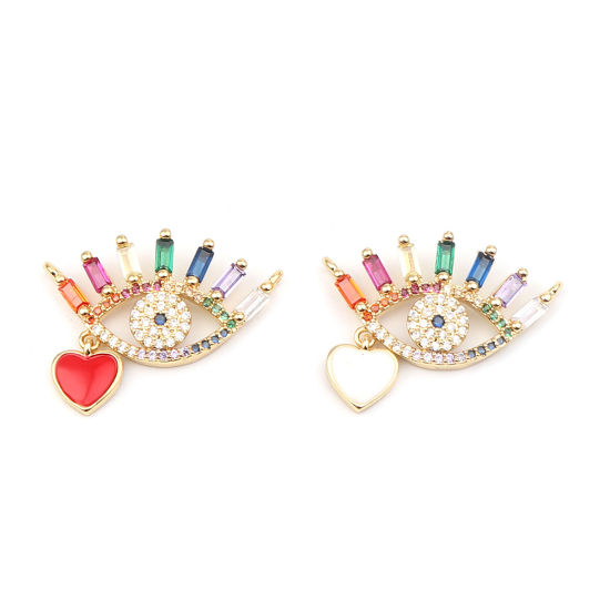 Immagine di Zinc Based Alloy Micro Pave Charms Eye Gold Plated Heart Multicolor Rhinestone 27mm x 19mm, 1 Piece