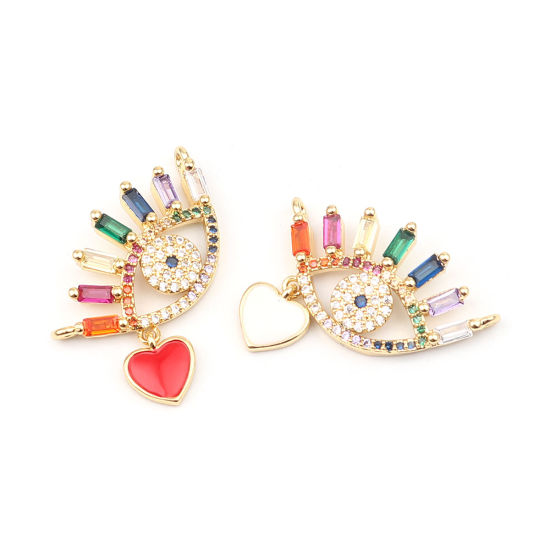 Immagine di Zinc Based Alloy Micro Pave Charms Eye Gold Plated Heart Multicolor Rhinestone 27mm x 19mm, 1 Piece