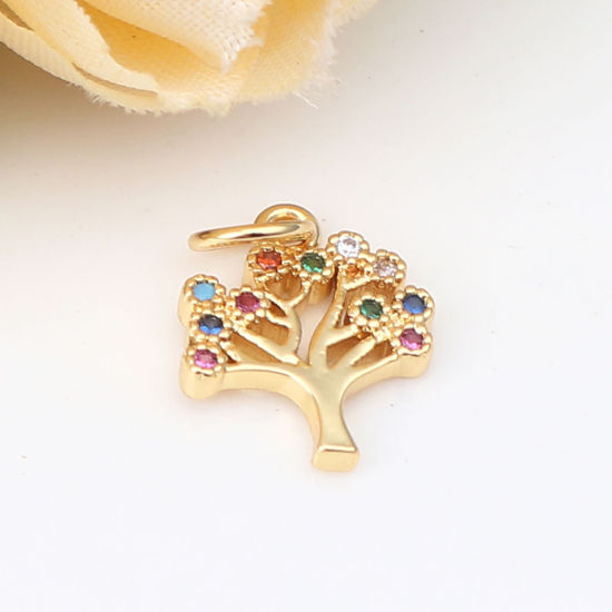 Immagine di Zinc Based Alloy Micro Pave Charms Tree Gold Plated Multicolor Rhinestone 15mm x 10mm, 1 Piece