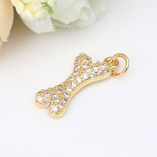 Picture of Zinc Based Alloy Pet Memorial Charms Bone Gold Plated Micro Pave Clear Rhinestone 23mm x 8mm, 1 Piece