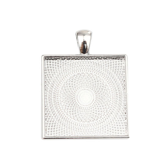 Picture of Zinc Based Alloy Cabochon Settings Pendants Square Silver Tone (Fits 25mmx25mm) 36mm x 28mm, 2 PCs