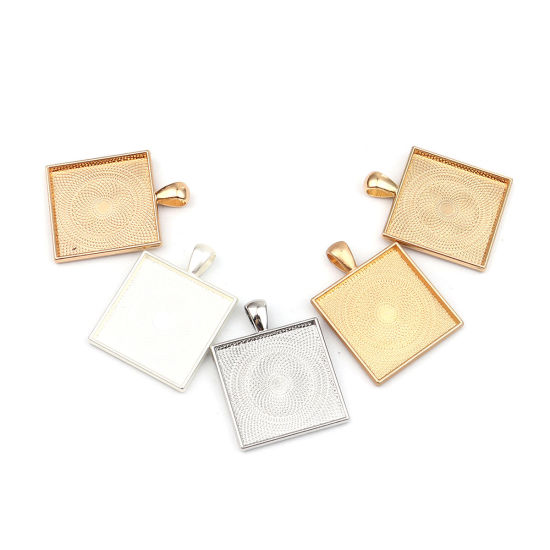 Picture of Zinc Based Alloy Cabochon Settings Pendants Square Silver Tone (Fits 25mmx25mm) 36mm x 28mm, 2 PCs