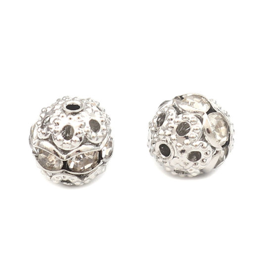 Изображение Brass Beads Round Silver Tone Clear Rhinestone About 8mm Dia, Hole: Approx 1.3mm, 50 PCs                                                                                                                                                                      