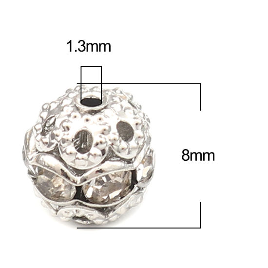 Изображение Brass Beads Round Silver Tone Clear Rhinestone About 8mm Dia, Hole: Approx 1.3mm, 50 PCs                                                                                                                                                                      