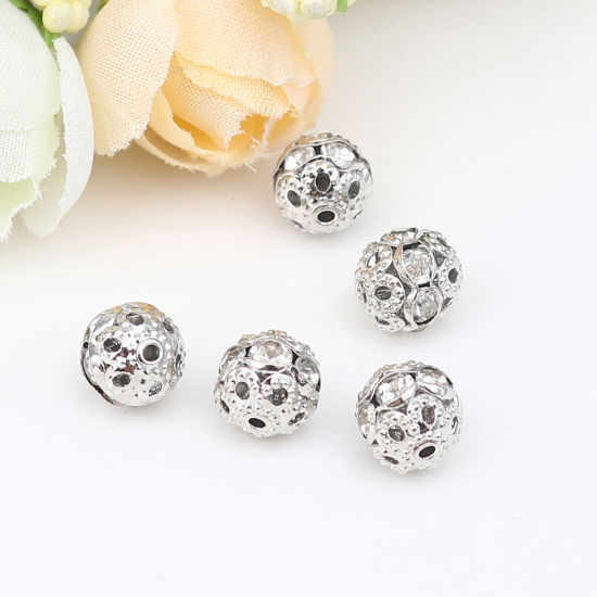 Изображение Brass Beads Round Silver Tone Clear Rhinestone About 8mm Dia, Hole: Approx 1.3mm, 50 PCs                                                                                                                                                                      