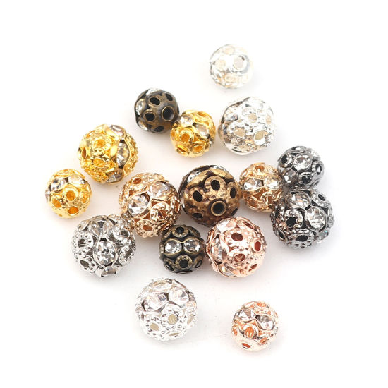 Изображение Brass Beads Round Silver Tone Clear Rhinestone About 8mm Dia, Hole: Approx 1.3mm, 50 PCs                                                                                                                                                                      