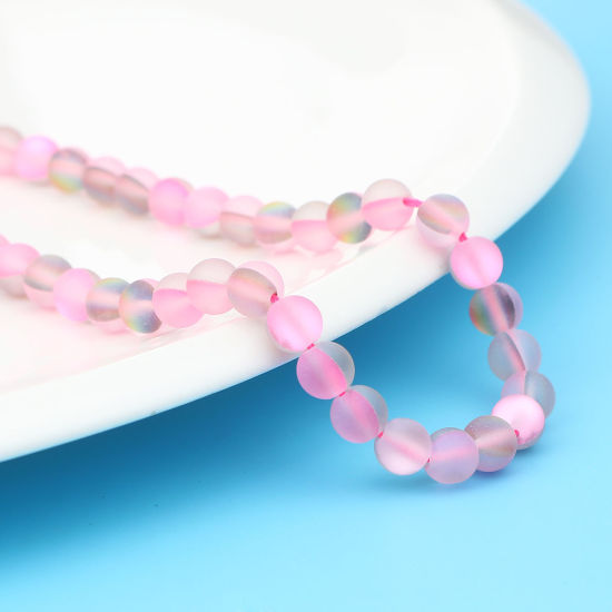 Picture of Glass Imitation Glitter Polaris Beads Round Pink Translucent Frosted About 6mm Dia, Hole: Approx 0.9mm, 38cm(15") long, 1 Strand (Approx 62 PCs/Strand)