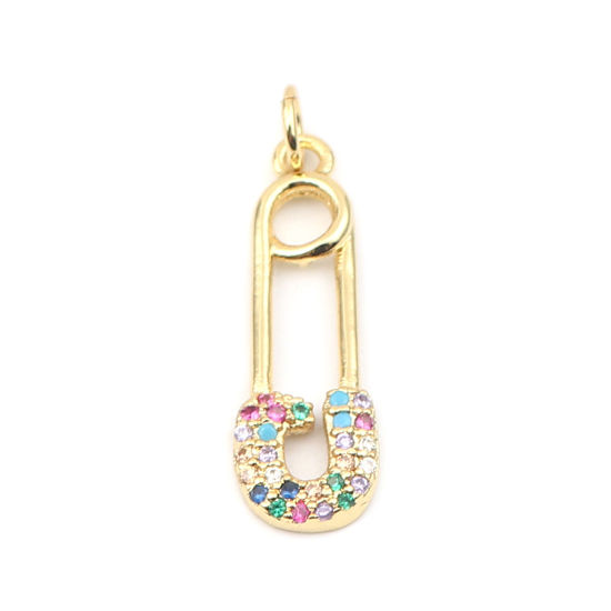 Picture of Brass Micro Pave Charms Gold Plated Pin Multicolour Cubic Zirconia 28mm x 8mm, 1 Piece                                                                                                                                                                        