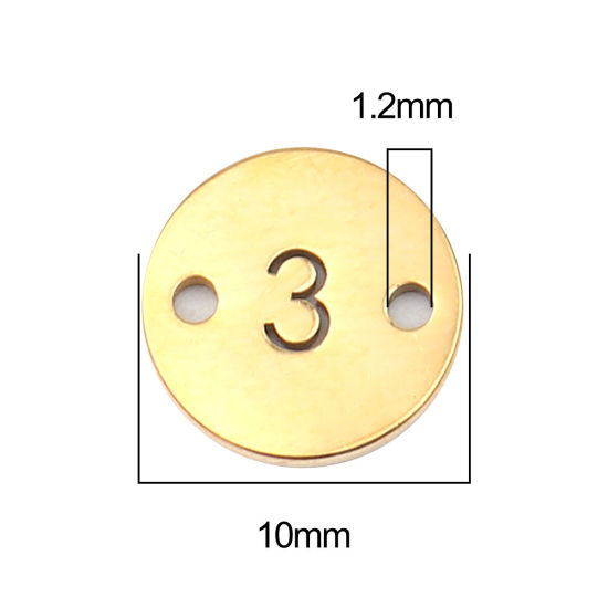 Image de 2 Pcs Connecteurs Pendentifs Breloques en Acier Inoxydable Placage sous Vide Doré Rond Chiffres Gravé Mots " 3 " 10mm Dia.