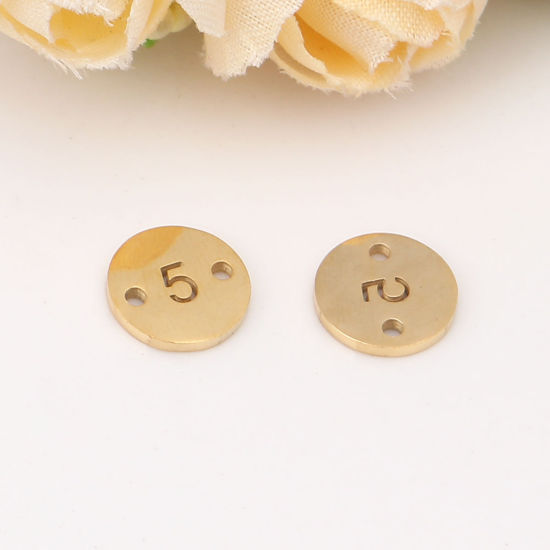 Picture of Stainless Steel Connectors Round Gold Plated Number Message " 5 " 10mm Dia., 2 PCs