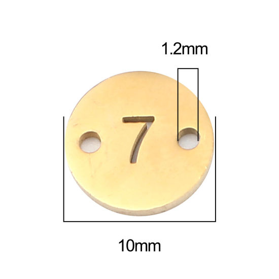 Image de 2 Pcs Connecteurs Pendentifs Breloques en Acier Inoxydable Placage sous Vide Doré Rond Chiffres Gravé Mots " 7 " 10mm Dia.