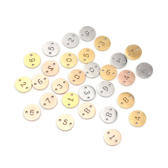 Picture of 2 PCs Vacuum Plating Stainless Steel Connectors Charms Pendants Gold Plated Round Number Message " 7 " 10mm Dia.