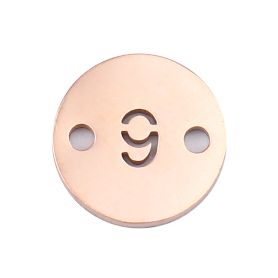 Bild von Stainless Steel Connectors Round Rose Gold Number Message " 9 " 10mm Dia., 2 PCs