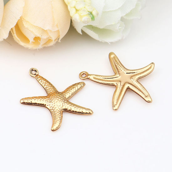 Imagen de 10 Unidades 304 Acero Inoxidable Joyería del océano Colgantes Chapado en Oro Estrella de mar 22mm x 20mm