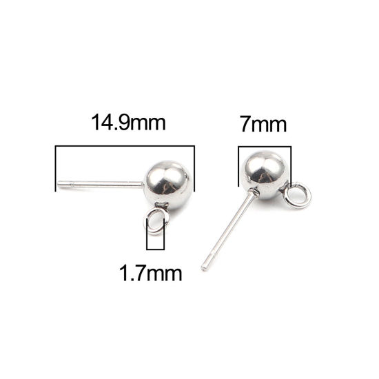 Image de Stainless Steel Ear Nuts Post Stopper Earring Findings Silver Tone Round W/ Loop 7mm x 4mm, Post/ Wire Size: (21 gauge), 10 PCs