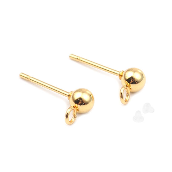 Image de Stainless Steel Ear Nuts Post Stopper Earring Findings Gold Plated Round W/ Loop 7mm x 4mm, Post/ Wire Size: (21 gauge), 10 PCs