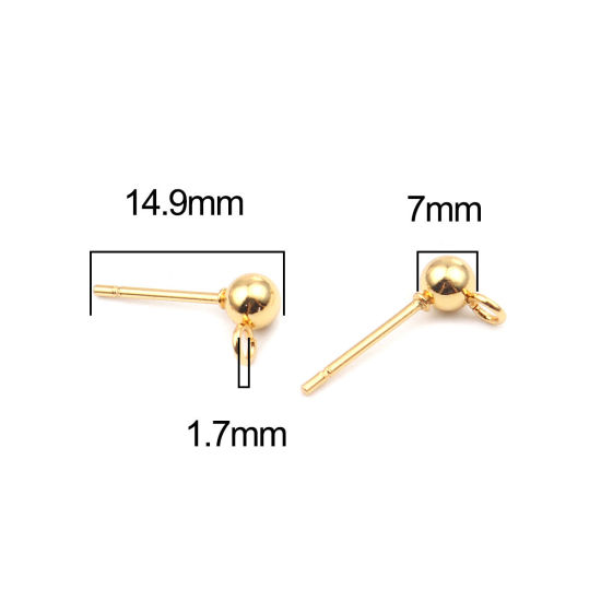 Image de Stainless Steel Ear Nuts Post Stopper Earring Findings Gold Plated Round W/ Loop 7mm x 4mm, Post/ Wire Size: (21 gauge), 10 PCs