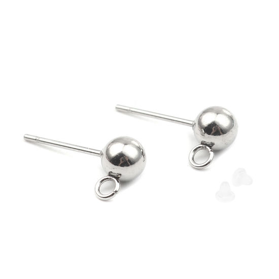 Image de Stainless Steel Ear Nuts Post Stopper Earring Findings Silver Tone Round W/ Loop 8mm x 5mm, Post/ Wire Size: (21 gauge), 10 PCs