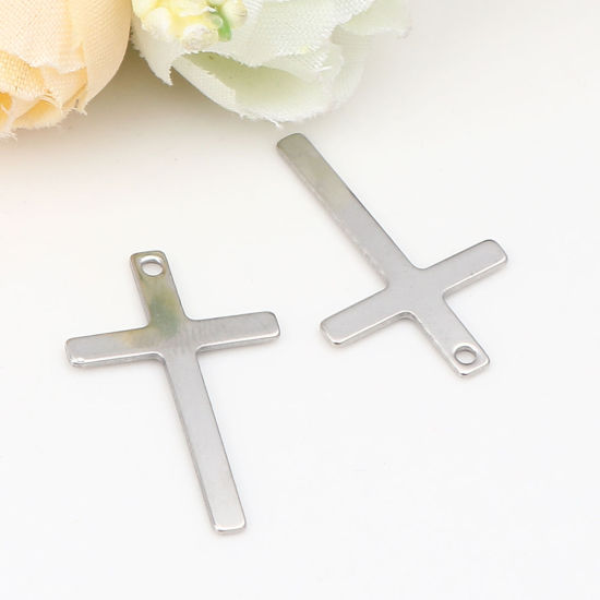 Picture of 304 Stainless Steel Charms Silver Tone Cross 25mm x 16mm, 10 PCs