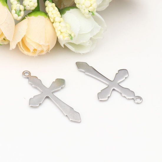 Picture of 304 Stainless Steel Pendants Silver Tone Cross 36mm x 22mm, 10 PCs