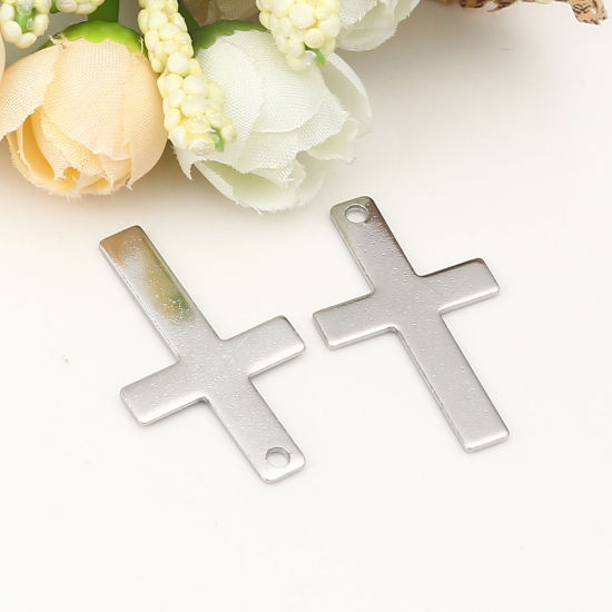 Picture of 304 Stainless Steel Pendants Silver Tone Cross 36mm x 22mm, 10 PCs
