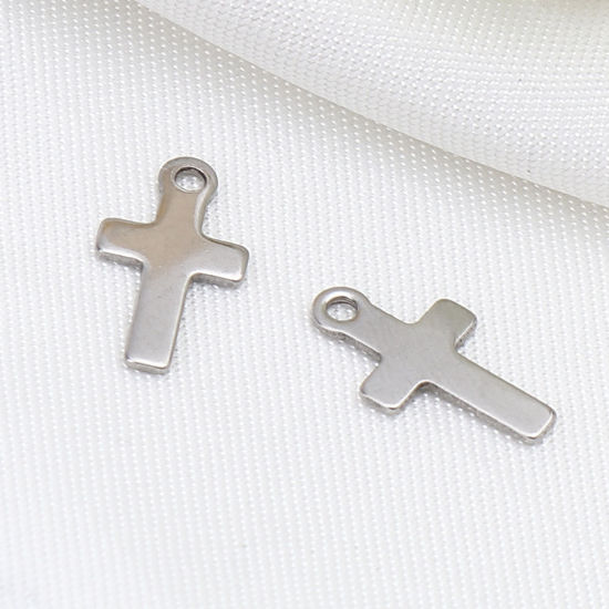 Picture of Stainless Steel Religious Charms Cross Silver Tone 14mm x 8mm, 10 PCs