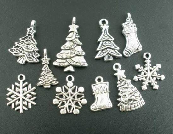 Picture of 40PCs Mixed Antique Silver Color Christmas-Themed Charms Pendants Findings