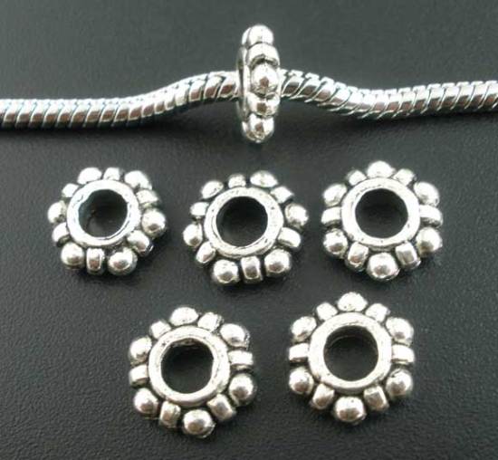 Bild von Zinklegierung European Stil Charm Großlochperlen Antik Silber Blumen 11x11mm, 30 Stücke