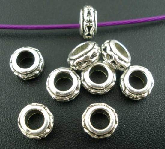 Picture of Zinc Based Alloy Spacer Beads Round Wheel Antique Silver Color Carved About 7mm, Hole:Approx 3.4mm, 100 PCs