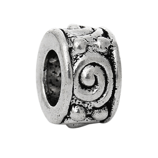 Zinc Based Alloy European Style Large Hole Charm Beads Round Antique Silver Spiral Carved About 8mm x 5mm, Hole: Approx 4.5mm, 50 PCs の画像
