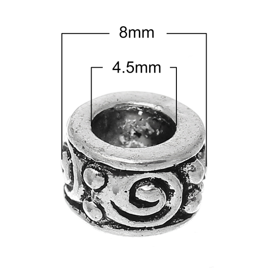 Image de Perles à Gros Trou au Style Européen en Alliage de Zinc Rond Spiral Gravé Argent Antique 8mm Dia, Tailles de Trous: 4.5mm, 50 Pcs