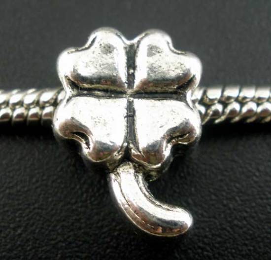 Immagine di 15 Pz Lega di Zinco Festa di San Patrizio Perline di Fascino con Foro Grande in Stile Europeo Argento Antico Foglia di Trifoglio 15mm x 11mm, Foro:Circa 4.7mm