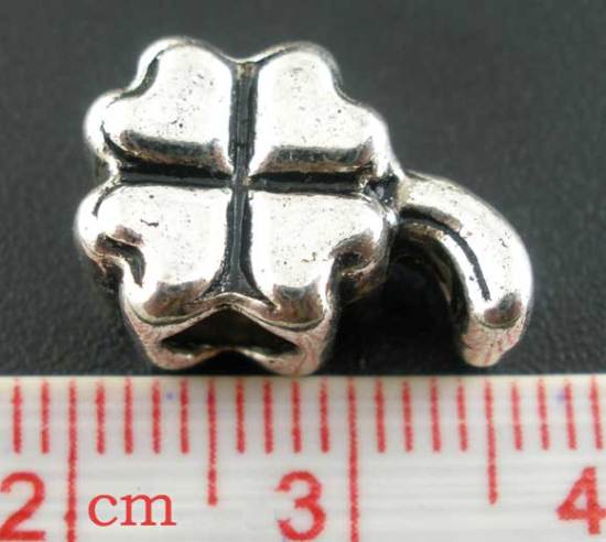 Immagine di 15 Pz Lega di Zinco Festa di San Patrizio Perline di Fascino con Foro Grande in Stile Europeo Argento Antico Foglia di Trifoglio 15mm x 11mm, Foro:Circa 4.7mm