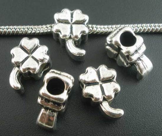 Zinc Metal Alloy European Style Large Hole Charm Beads Four Leaf Clover Antique Silver About 15mm x 11mm, Hole: Approx 4.7mm, 15 PCs の画像