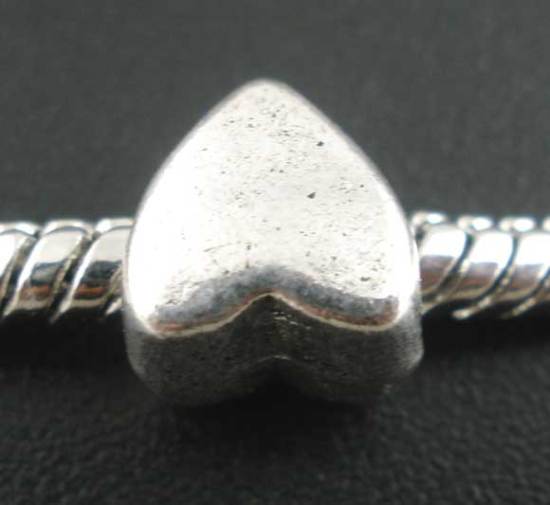 Immagine di 40 Pz Lega di Zinco San Valentino Perline di Fascino con Foro Grande in Stile Europeo Argento Antico Cuore 8mm x 8mm, Foro:Circa 4.6mm