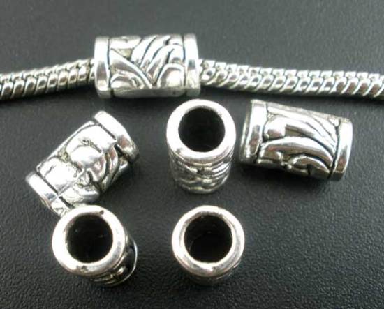Bild von 50 Stück Zinklegierung Charm-Perlen mit großem Loch im europäischen Stil Antiksilber Zylinder Streifen 11mm x 6mm, Loch: Ca. 4.5mm