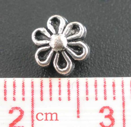 Immagine di Lega di Zinco Separatori Perline Fiore Argento Antico Nulla Disegno Circa 6mm x 4mm, Foro:Circa 1mm, 100 Pz