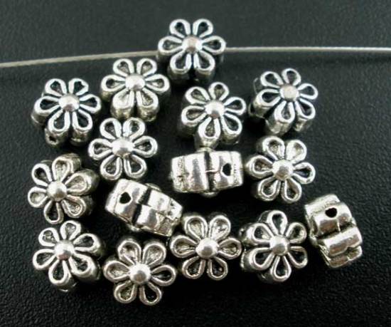 Immagine di Lega di Zinco Separatori Perline Fiore Argento Antico Nulla Disegno Circa 6mm x 4mm, Foro:Circa 1mm, 100 Pz