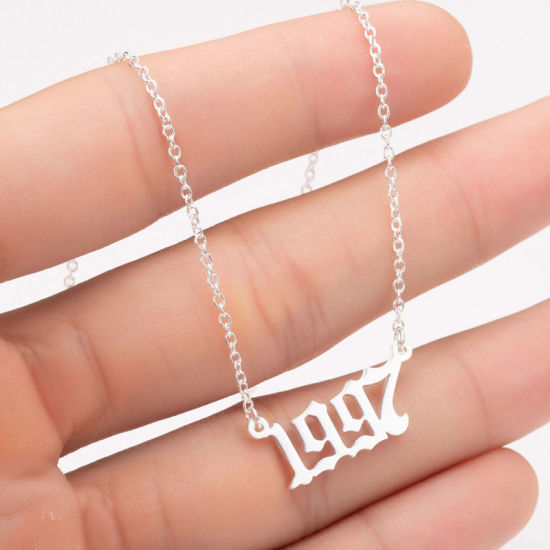 Picture of Stainless Steel Year Necklace Silver Tone Number Message " 1997 " 45cm(17 6/8") long, 1 Piece
