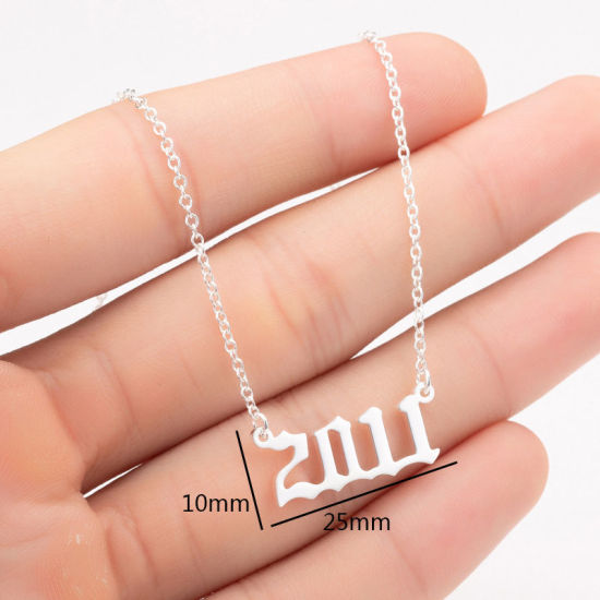 Picture of Stainless Steel Year Necklace Silver Tone Number Message " 1997 " 45cm(17 6/8") long, 1 Piece