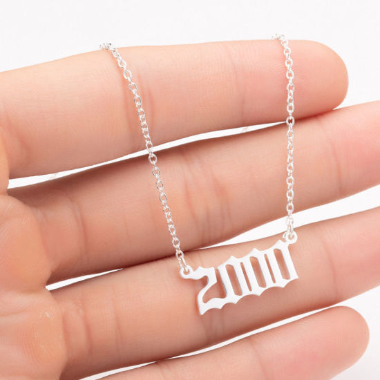 Picture of Stainless Steel Year Necklace Silver Tone Number Message " 2000 " 45cm(17 6/8") long, 1 Piece